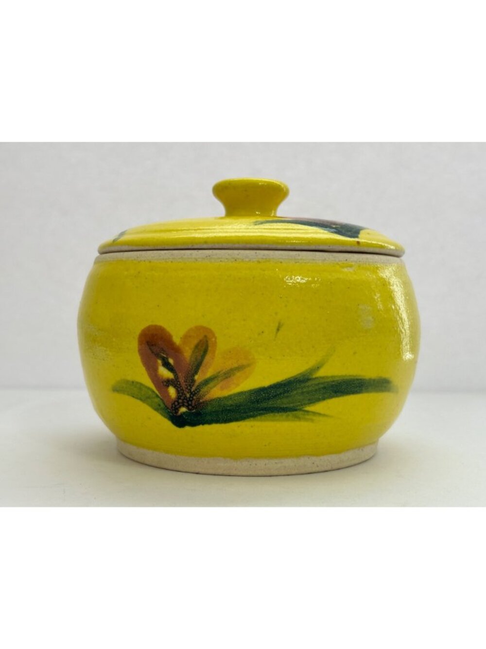 Vintage Vibrant Yellow Lidded Pottery Jar Floral Cottagecore Farmhouse Country - Picture 3 of 8